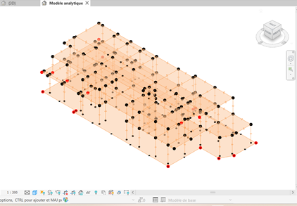 Vue 3D du modèle analytique : les nœuds déconnectés ressortent en rouge